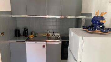 Een koelkast, een oven, een kookplaat, een vaatwasser