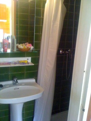 Bañera con ducha, secador de pelo, toallas, papel higiénico