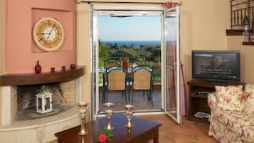 Televisio, takka, DVD-soitin, kirjoja