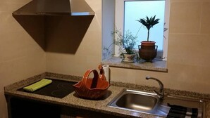 A kitchen with a built-in stove, a sink, and a window with potted plants.