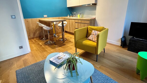 A modern living room with a yellow armchair, a round coffee table with magazines and a plant, and a blue rug. - Charm and garden view, in the center of Paris, near Montparnasse (Paris)