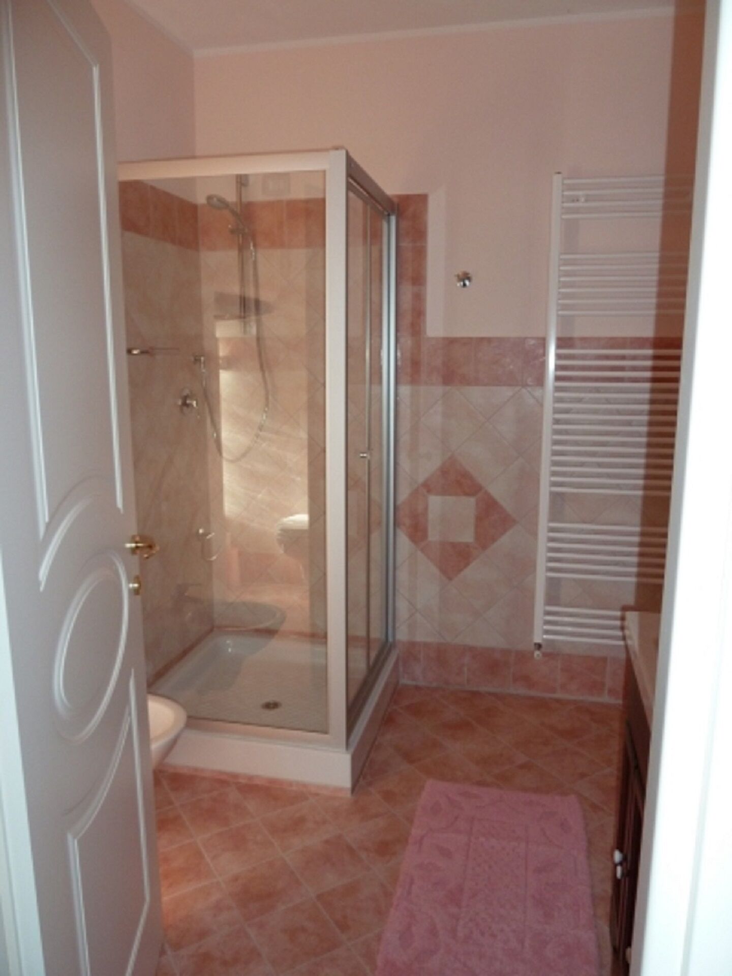 Une salle de bain avec une douche à parois de verre, des toilettes et un porte-serviettes.