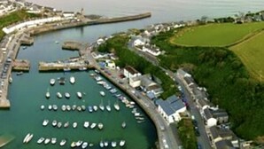 An aerial view of a coastal town with a marina, boats, and buildings along the waterfront.