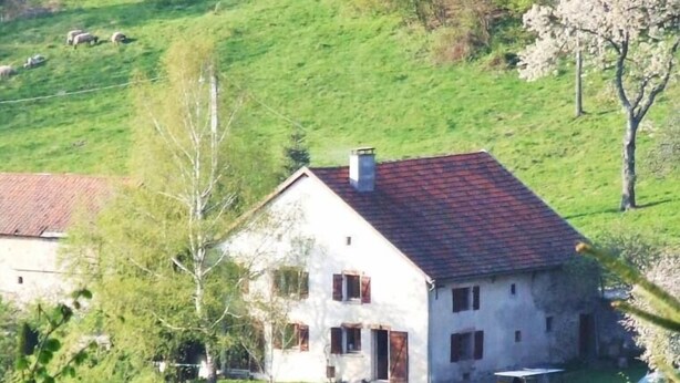 Une maison blanche avec un toit rouge, entourée de verdure et de moutons qui paissent au loin.