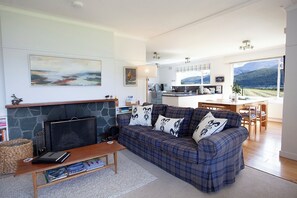 Smart TV, fireplace, DVD player, books