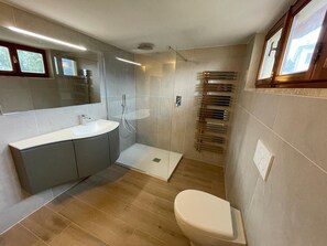 Combined shower/tub, hair dryer, bidet, towels