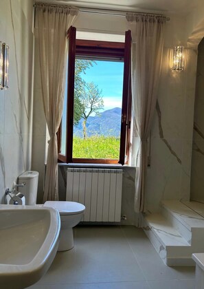 Combined shower/tub, hair dryer, bidet, towels
