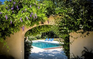 Et poolområde med en pergola dækket af grønt og lilla blomster, blå liggestole og en klar, blå pool.