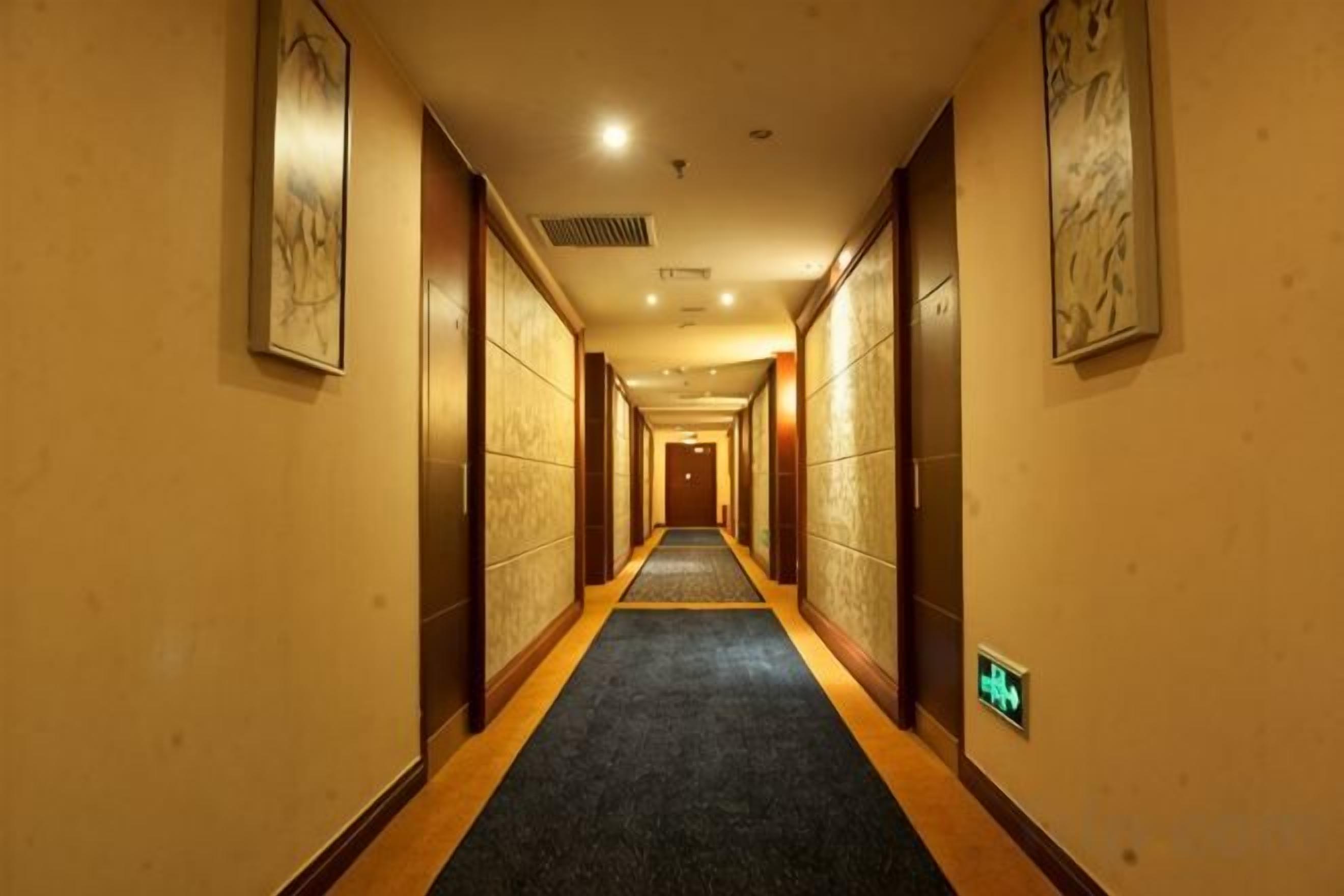 A hotel corridor with doors on both sides, a carpeted floor, and a light switch on the wall.