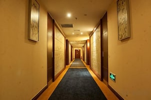 Un pasillo de hotel con puertas a ambos lados, piso alfombrado y un interruptor de luz en la pared.