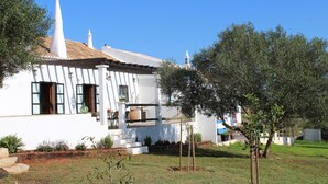 Un edificio blanco con techo de tejas, una chimenea y un pequeño jardín con un árbol y arbustos.