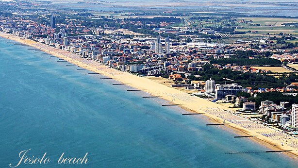 An aerial view of a coastal city with a long beachfront, dense urban area, and a clear sky.