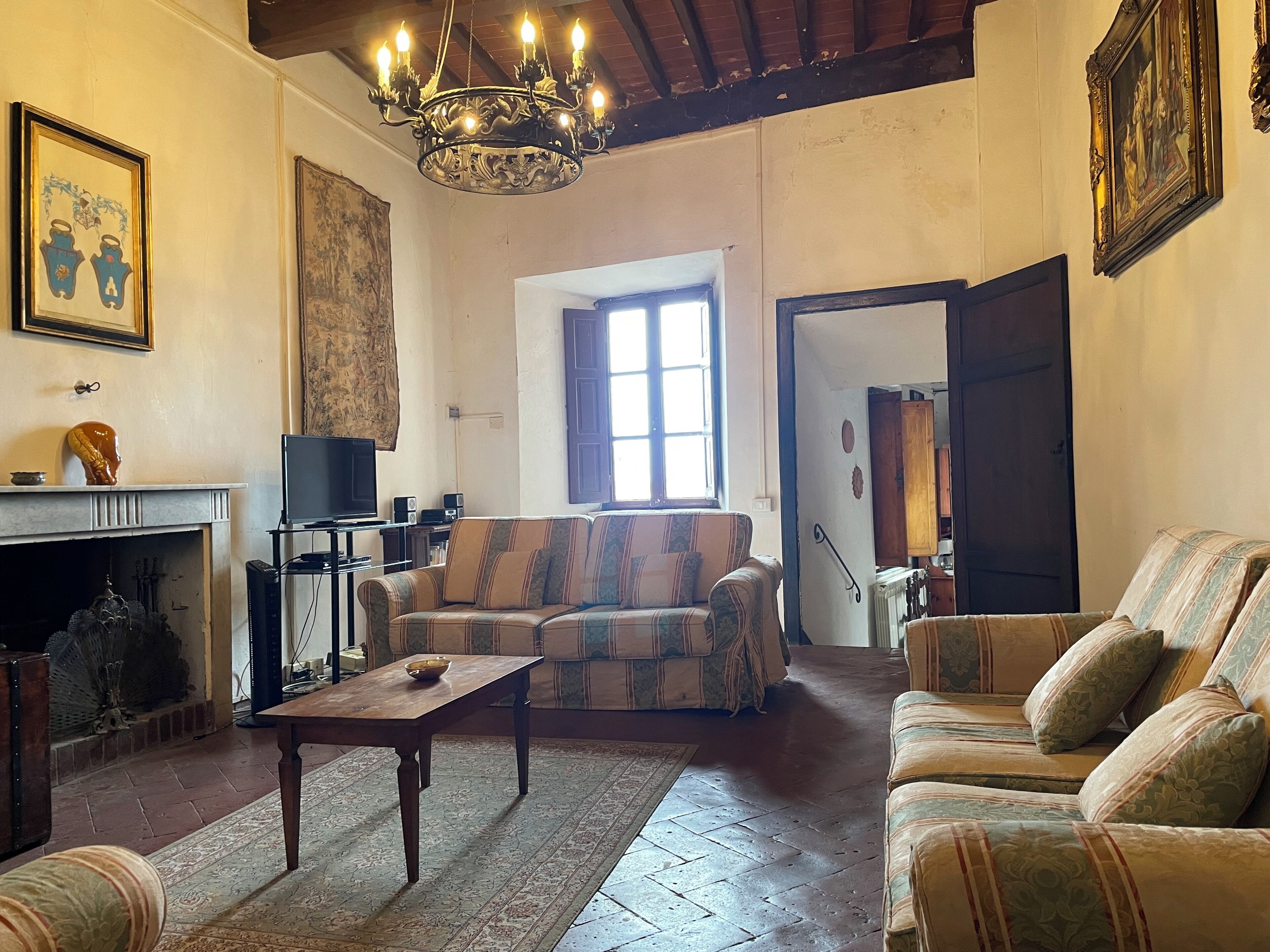 TV connectée, cheminée, lecteur de DVD, livres