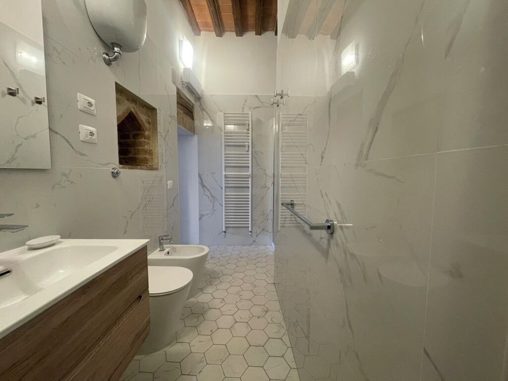 A modern bathroom with a marble vanity, a toilet, a bidet, and a shower area.