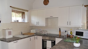 A kitchen with white cabinets, a granite countertop, a toaster, a microwave, and a small potted plant.
