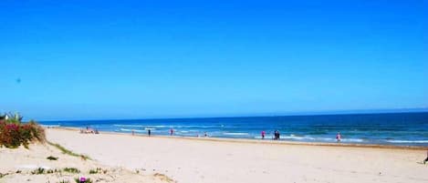 On the beach, sun loungers