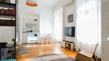 Smart TV, DVD player, books, music library