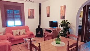 Un salon comprenant un canapé, une table à manger avec des chaises, un téléviseur et une cheminée.