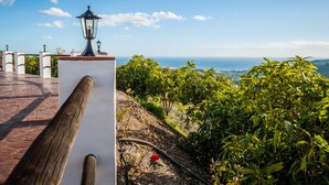 Un sentier bordé d’une rambarde en bois, un lampadaire et une vue sur l’océan.