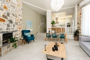 TV connectée, cheminée, lecteur de DVD, livres