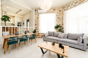 TV connectée, cheminée, lecteur de DVD, livres