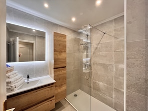 Combined shower/bathtub, hair dryer, towels, soap