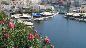 Un pueblo costero con un puerto deportivo, edificios y una colina al fondo.