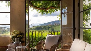 Una habitación con una silla de mimbre, una mesa con un florero y vistas a un paisaje verde a través de una ventana.