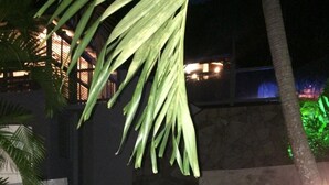 A stone staircase leading up to a building, surrounded by palm trees and a stone wall. - SEA VIEW VILLA + OVERFLOW POOL (Deshaies)