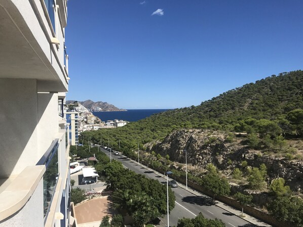 Una carretera costanera amb edificis i vegetació.
