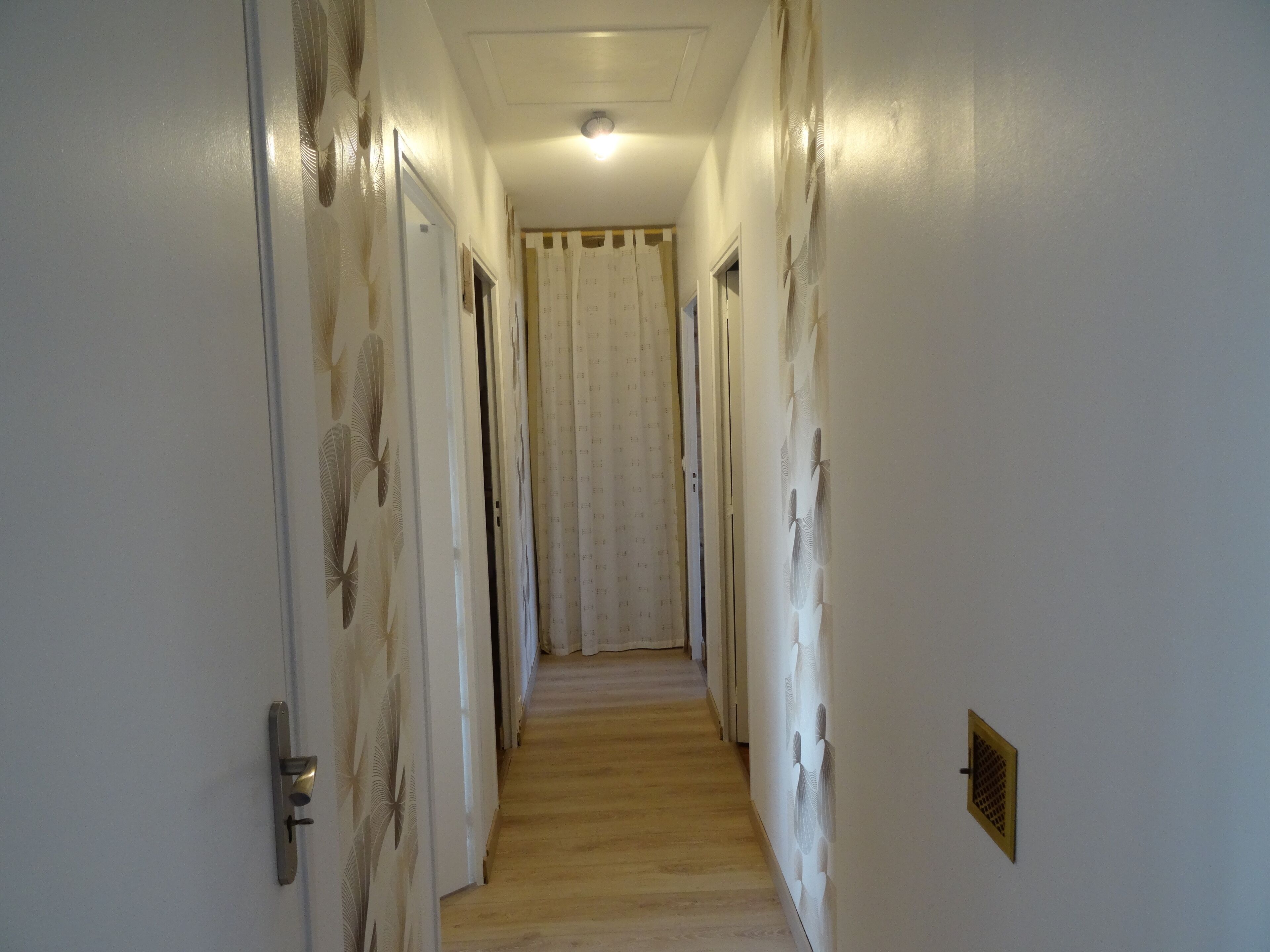 A narrow hallway with doors on both sides, a wooden floor, and a ceiling light.
