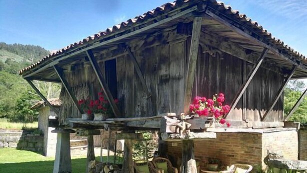 Una estructura de madera rústica con techo de tejas, rodeada de follaje y cielo despejado.