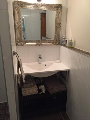 Shower, hair dryer, towels, toilet paper