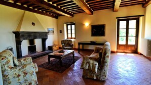 Amplia sala de estar con chimenea, sillones estampados, una mesa de centro y vistas al exterior a través de grandes ventanales.