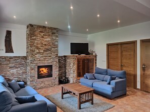 Una televisión, una chimenea, videojuegos, un reproductor de DVD