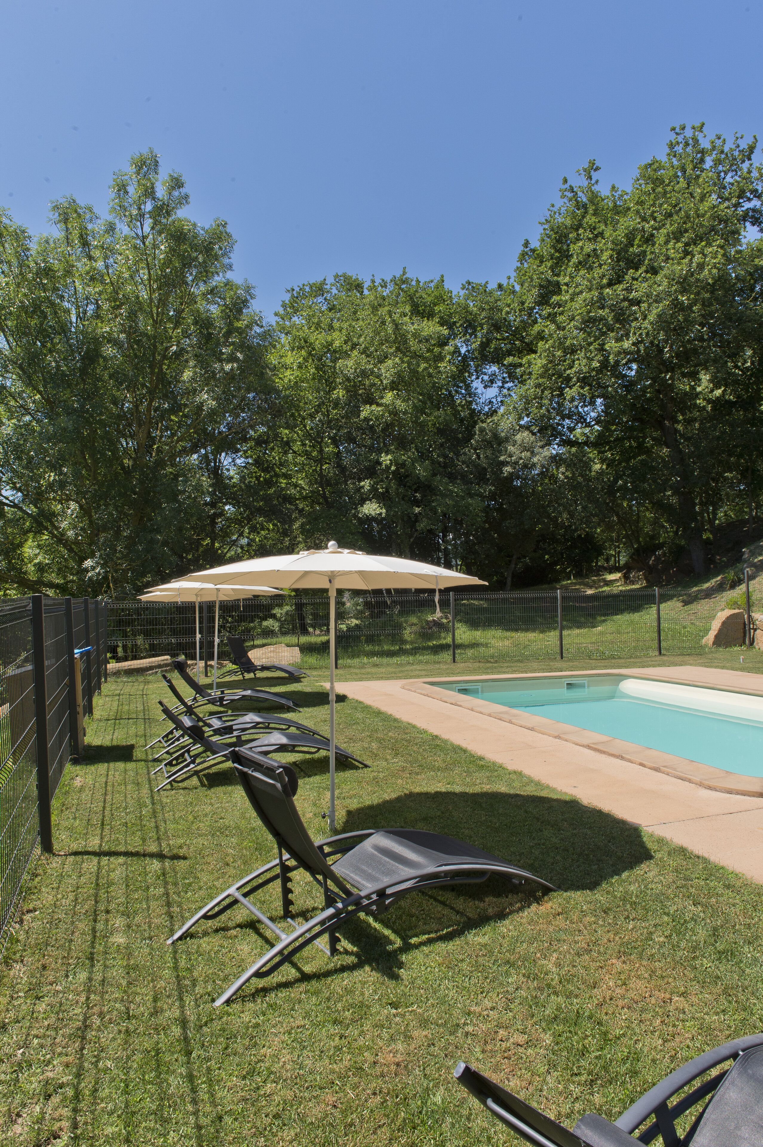 A poolside area with lounge chairs and umbrellas, surrounded by a fence and trees.