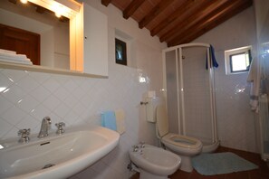Bathroom features a large sink, separate bidet, and shower enclosure.