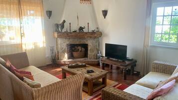 Smart-tv, een open haard en een stereo