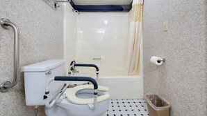 Ein Badezimmer mit Toilette, Haltegriffen, Dusche und Mülleimer.