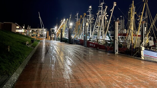 A marina at night with boats docked, a wet pathway, and buildings in the background. - Enjoy the tranquility of this landscape that has something to offer for everyone. Dollard (Bunde-Dollart)