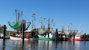 Un puerto con varios barcos de pesca amarrados al muelle.