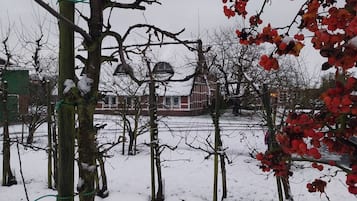 Schneebedeckte Landschaft mit kahlen Bäumen und einem Gebäude im Hintergrund.