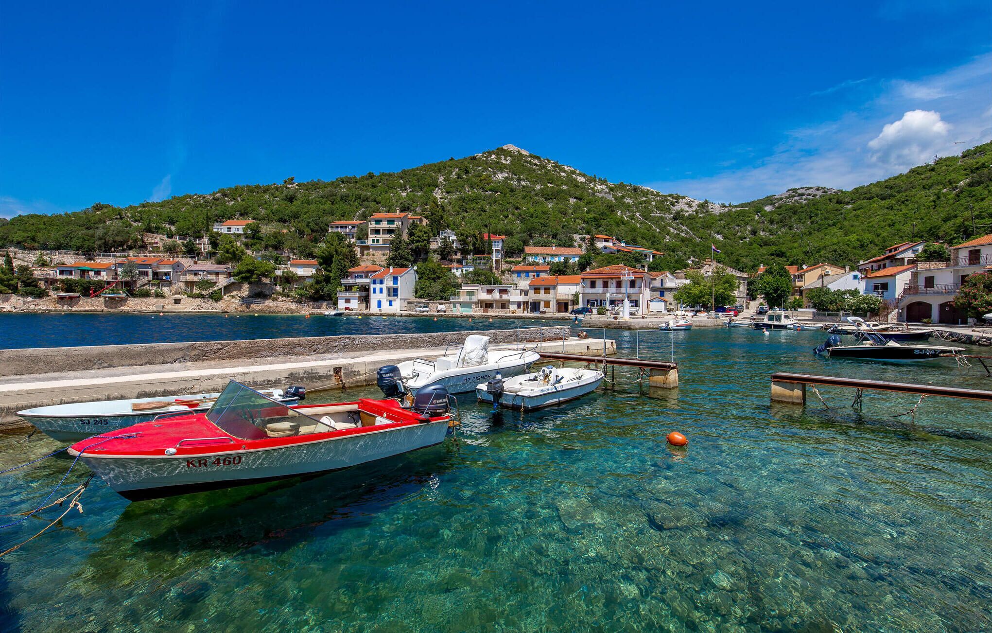 A marina with several boats docked, clear water, and a hillside with buildings in the background.
