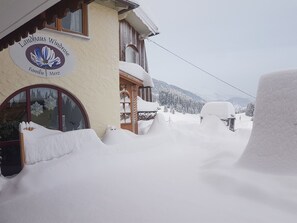 A building with a sign reading 'Landhaus Windrose Familie Merz' and snow-covered surroundings.
