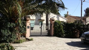 A stone-paved driveway leading to a gated entrance with a palm tree and greenery on the left.