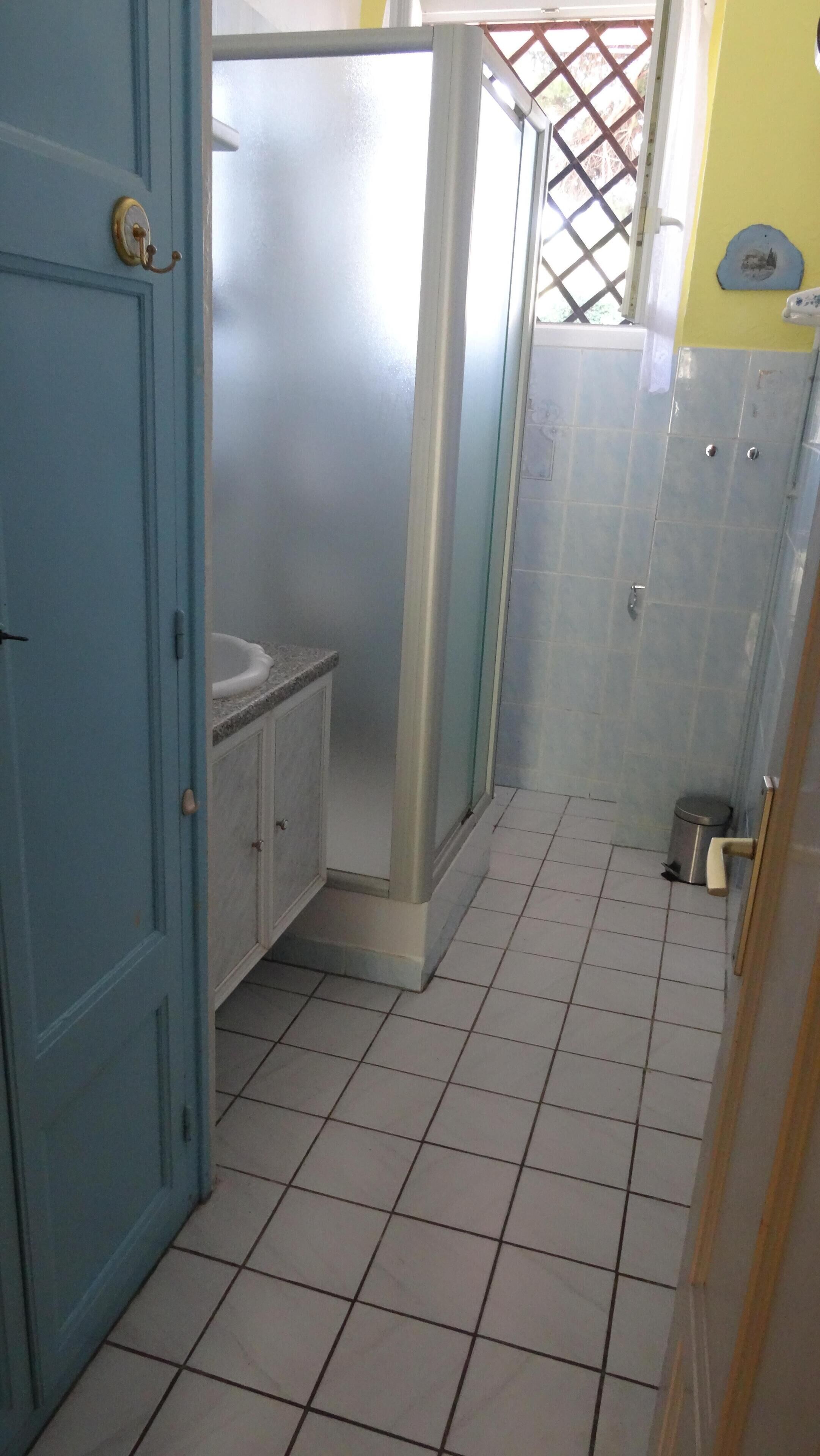 A bathroom with a blue door, a sink, and a shower enclosure.