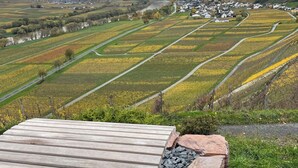 Une vue pittoresque d’une vallée avec des champs en terrasses et un petit village au loin.