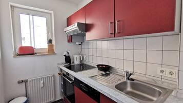 Fridge, stovetop, dishwasher, coffee/tea maker