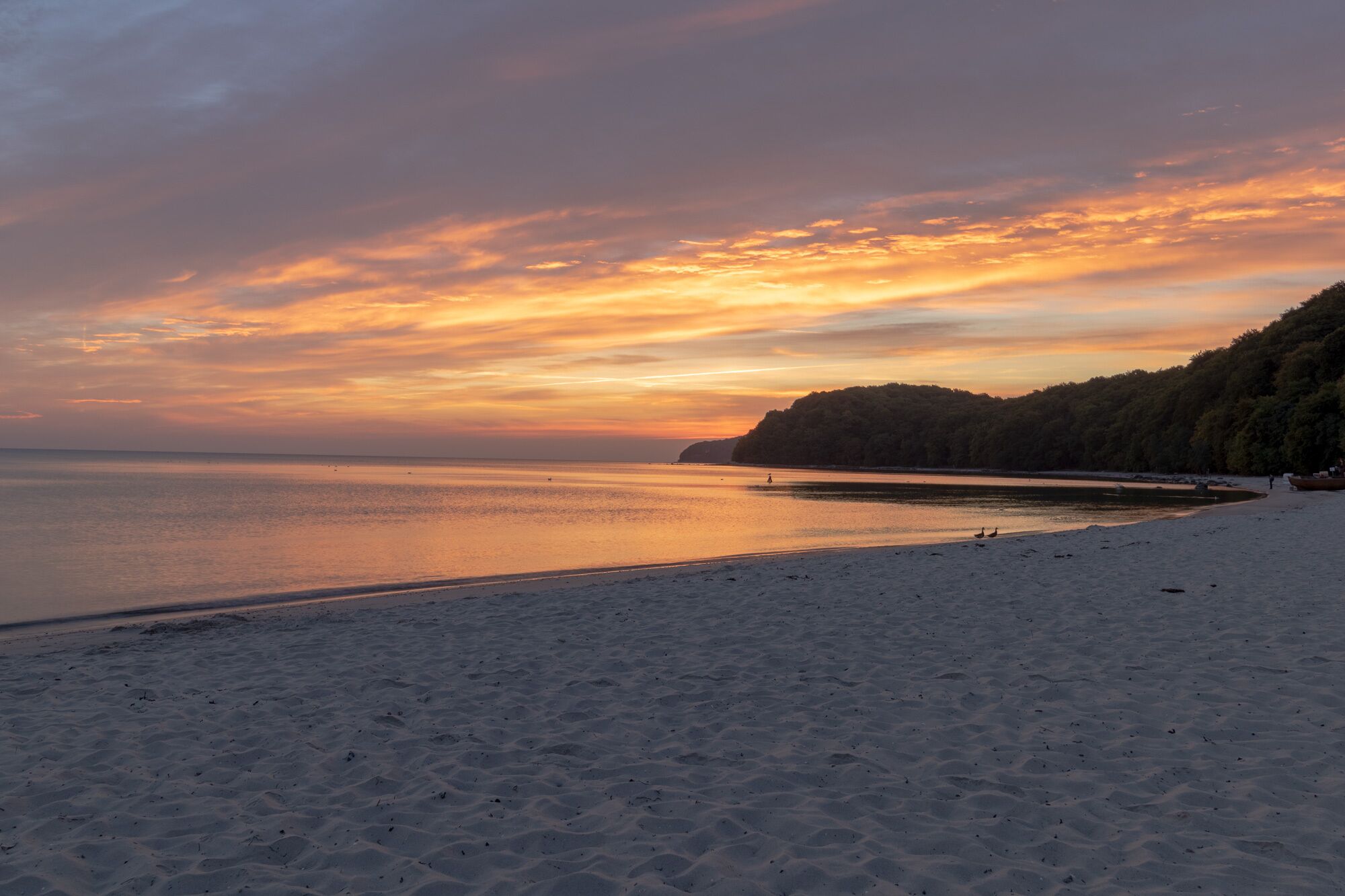 Una playa con un mar tranquilo y un cielo al atardecer.
