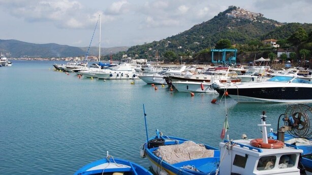 Marina com barcos atracados, uma colina com edifícios ao fundo e céu claro.
